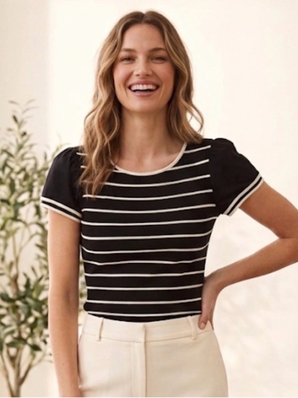 Ralph Lauren | Black Cream Stripe SS Top | M | p2p 15.5”